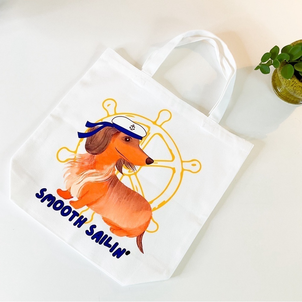 HANDMADE Doxie "Smooth Sailin'" White Cotton Canvas Tote Bag